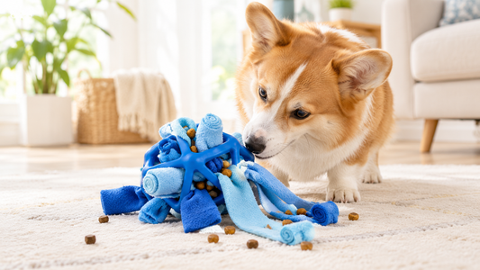 Corgi sniffing a blue SniffBloom treat ball with rolled fleece strips and kibble on a living room rug.