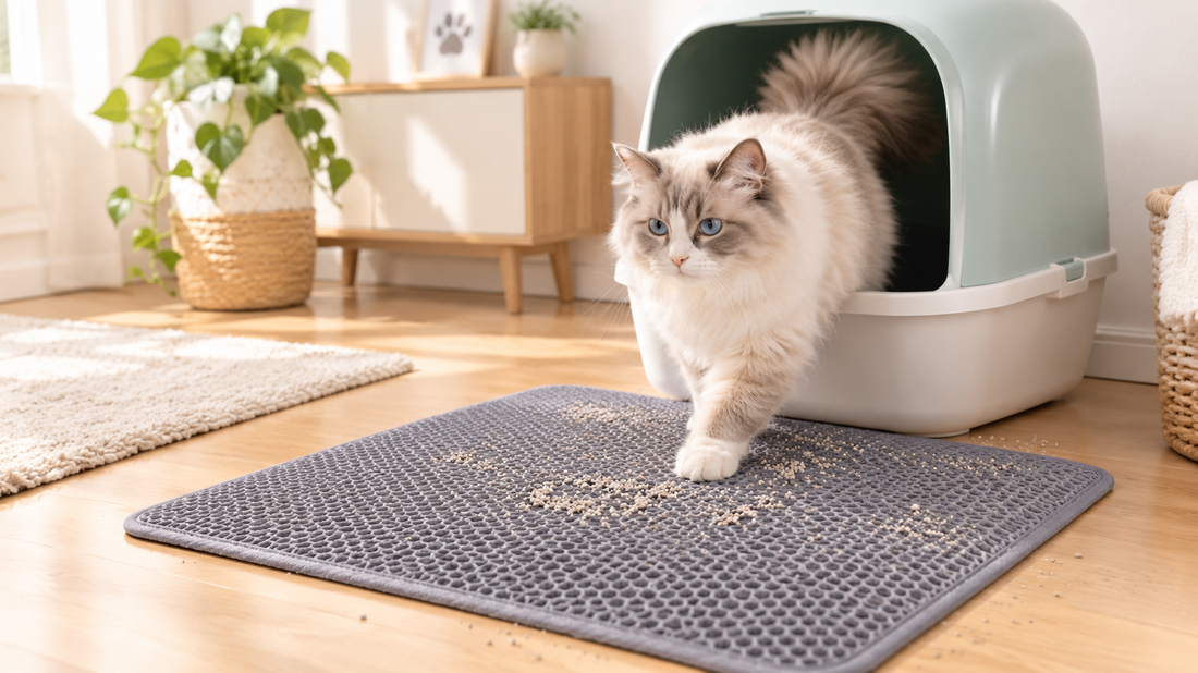 A fluffy cat stepping out of a covered litter box onto a gray honeycomb mat with scattered litter granules.