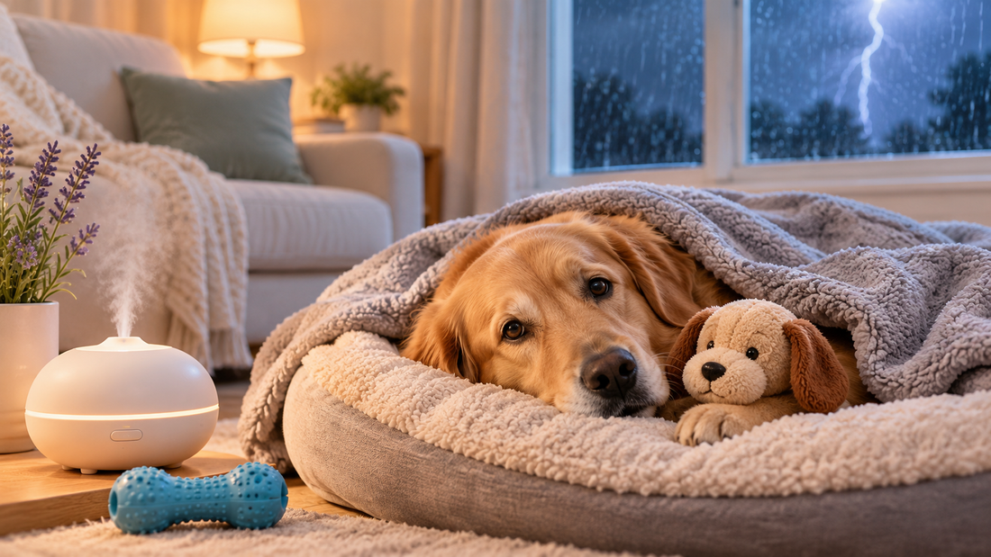 Golden retriever resting under a gray blanket beside a plush toy, with lightning visible through the window.