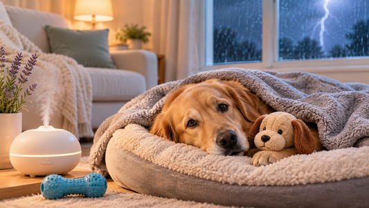 Golden retriever resting under a gray blanket beside a plush toy, with lightning visible through the window.