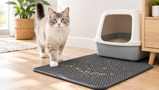 Cat stepping onto a dark honeycomb litter mat with scattered litter in front of a covered litter box