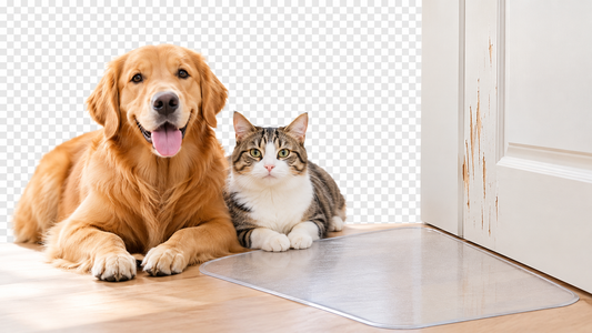 Golden retriever and tabby cat beside a scratched white door, with a transparent protective mat covering the floor at the doorway.