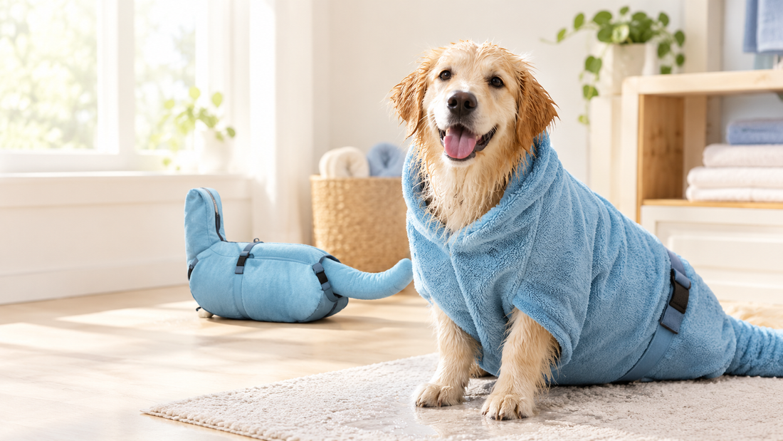 Aegean Blue DryNest Suit quick dry pet grooming bag ballooned with warm air drying a wet dog.