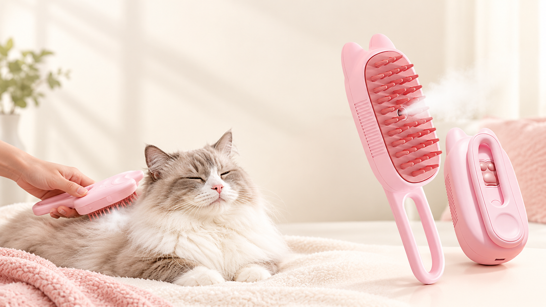 A fluffy gray-and-white cat being groomed with a pink brush, alongside close-up views of the misting pet brush.