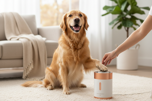 A dog's paw being cleaned with the PawNest™ Automatic Paw Cleaner after a muddy walk, soft natural lighting, cozy home setting