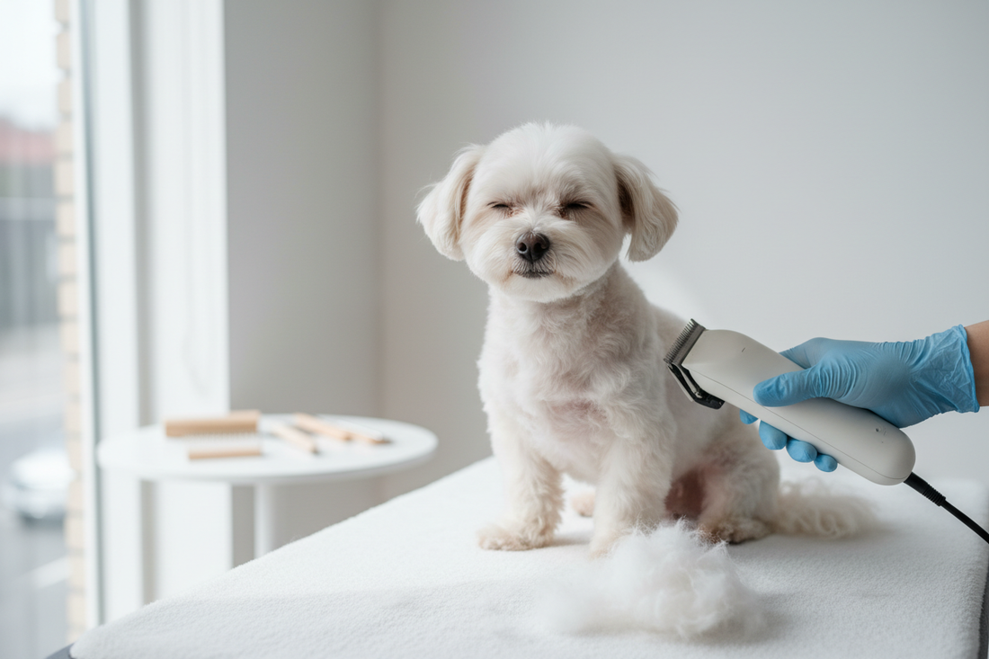 Small dog being calmly groomed at home with quiet pet clipper by PawNest™