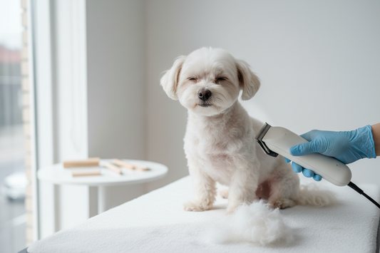 Small dog being calmly groomed at home with quiet pet clipper by PawNest™