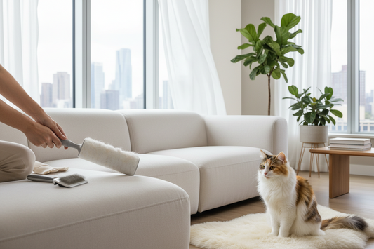 Cat sitting on couch next to lint roller and pet hair removal tools, clean living room