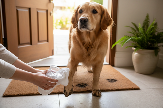 Person cleaning muddy dog paws with paw cleaner cup and towel at home doorstep