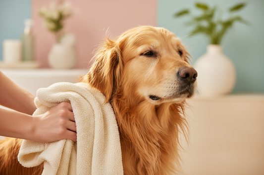 Dog being dried with chenille microfiber pet towel by PawNest™