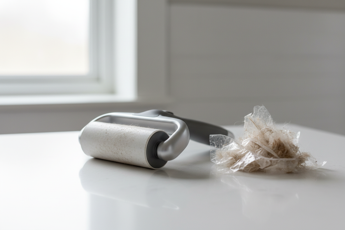PawNest™ FurLift Pro reusable pet hair roller next to discarded sticky lint roller sheets
