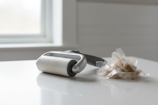 PawNest™ FurLift Pro reusable pet hair roller next to discarded sticky lint roller sheets