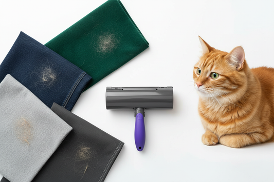  PawNest™ FurLift Pro roller on a flat lay of fabric swatches including velvet, fleece, denim, and car seat material with pet fur visible Blog title: 🐾 Pet Care Tips Visibility: no