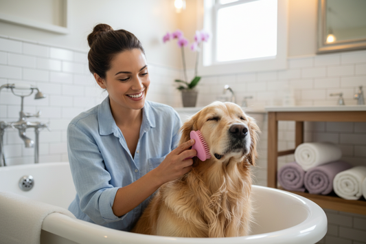Woman grooming a golden dog with a silicone bath brush in a bright spa-like bathroom