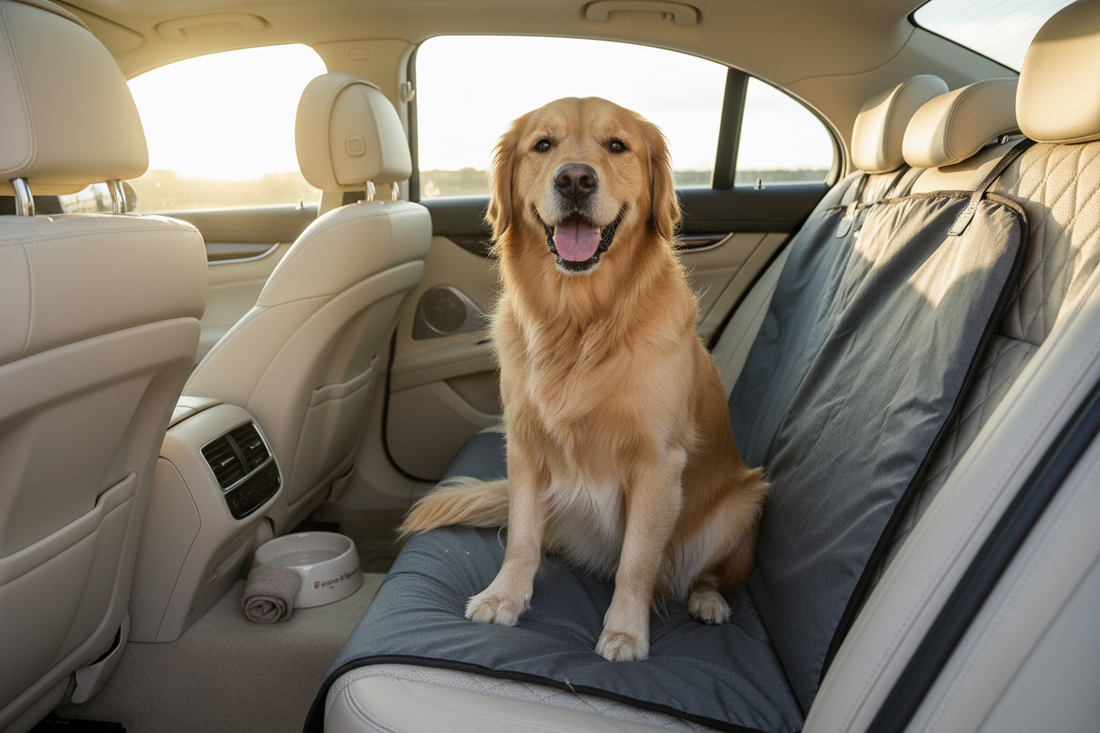 Golden retriever sitting on leather car seats with protective cover, dog paw care tips