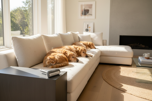 Two dogs and a cat on a fur-covered sofa with a PawNest™ FurLift Pro roller resting on the armrest